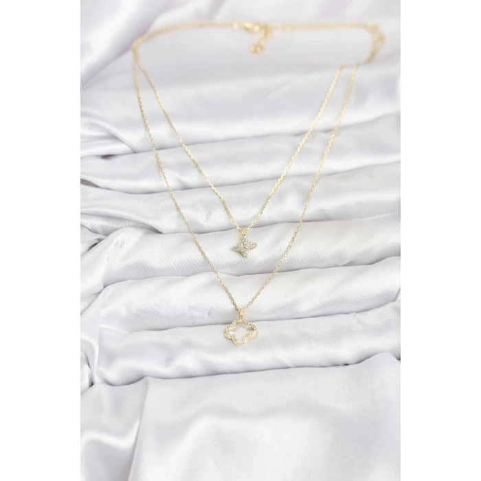 ietaks™ Pirinç Gold Renk Yonca Model 2li Kadın Kolye