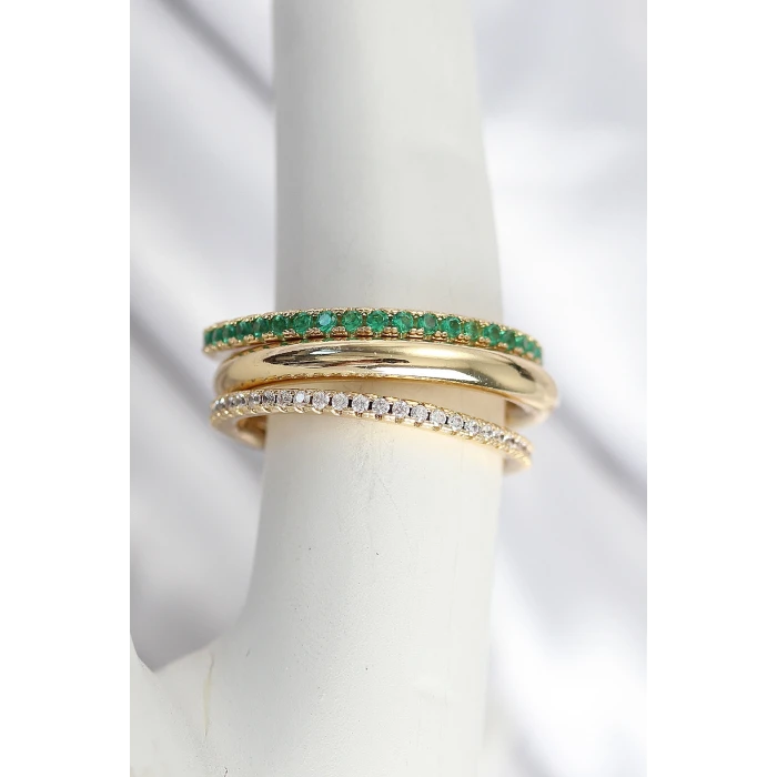 Pirinç Gold Renk Zirkon Taşlı 4Lü Kadın Yüzük