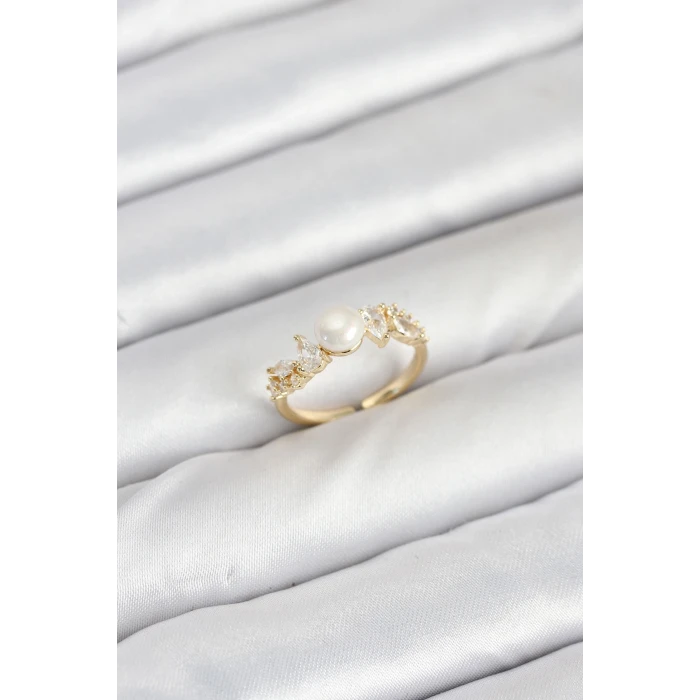 Pirinç Gold Renk Zirkon Taşlı İncili Model Kadın Yüzük