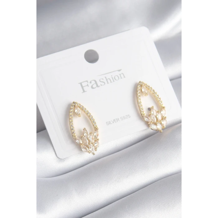 Pirinç Gold Renk Zirkon Taşlı Kadın Küpe - TJ-BKP8444