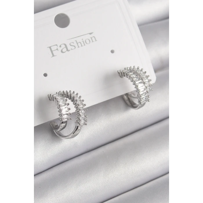 Pirinç Gümüş Renk 2Li Zirkon Taşlı Halka Model Kadın Küpe