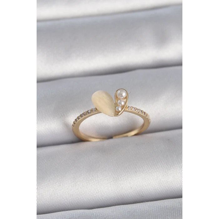 Pirinç Gümüş Renk Ayarlanabilir Zirkon Taşlı Beyaz Mineli Kalp Model Kadın Yüzük - TJ-BYK3376