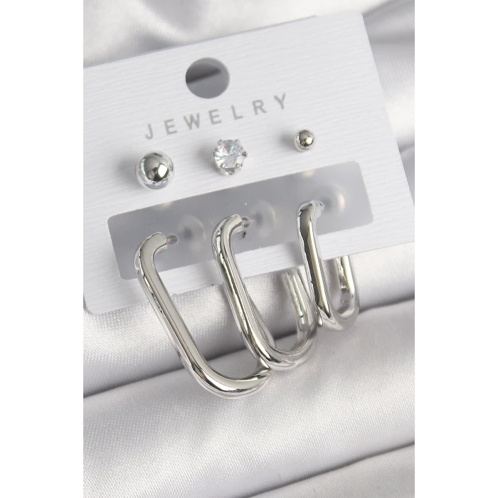 Pirinç Gümüş Renk Halka Model Zirkon Taşlı Topçuk Detay Kadın Küpe Seti