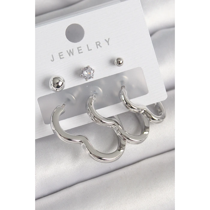 Pirinç Gümüş Renk Kalp Model Zirkon Taş Topçuk Detay Kadın Küpe Seti - TJ-BKP10307