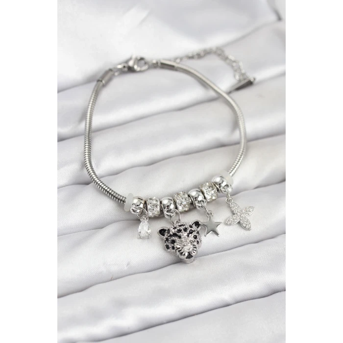 ietaks™ Pirinç Gümüş Renk Kaplan Model Charmlı Kadın Bileklik