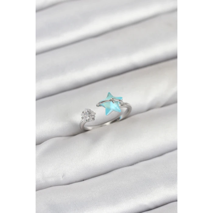 Pirinç Gümüş Renk Mavi Yıldızlı Model Kadın Yüzük - TJ-BYK3869