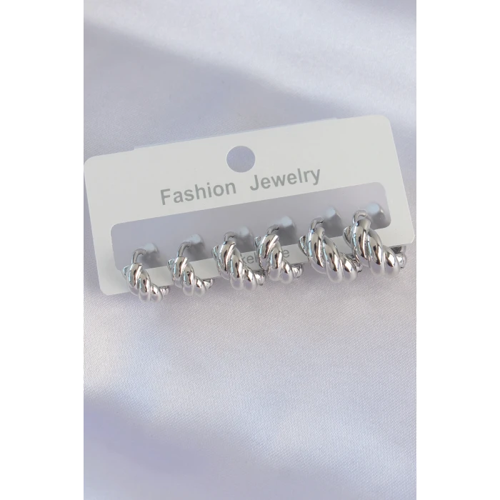 Pirinç Gümüş Renk Minimal Tırtıklı Küpe Seti