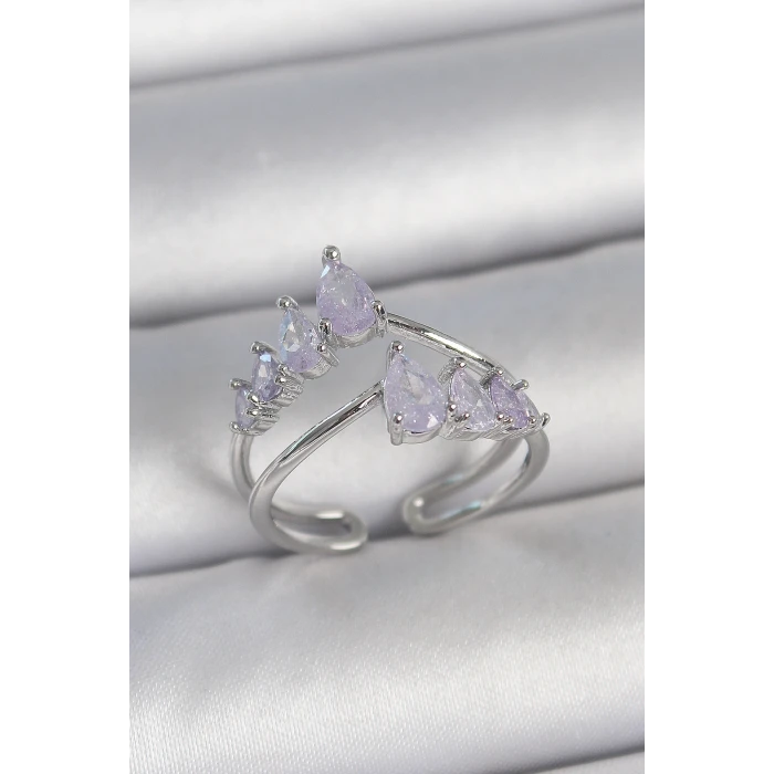 Pirinç Gümüş Renk Mor Damla Zirkon Taşlı Taç Model Kadın Yüzük - TJ-BYK3714