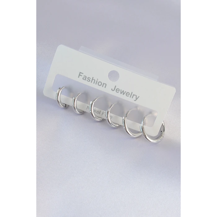 Pirinç Gümüş Renk Oval Küpe Seti