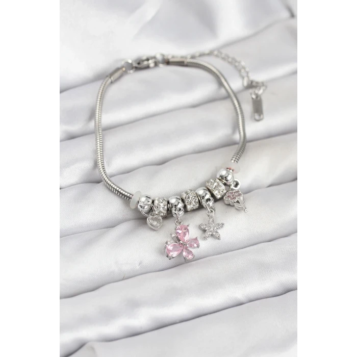 Pirinç Gümüş Renk Pembe Kelebek Charmlı Kadın Bileklik