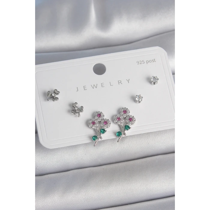 Pirinç Gümüş Renk Renkli Zirkon Taşlı Çiçek Model Yaprak Detay 925 Ayar Gümüş Çivi Kadın Küpe Seti