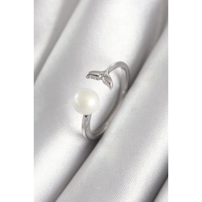 Pirinç Gümüş Renk Top İnci Figür Balık Kuyruğu Model Kadın Yüzük - TJ-BYK3075