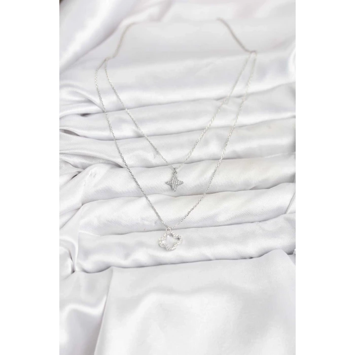 ietaks™ Pirinç Gümüş Renk Yonca Model 2li Kadın Kolye