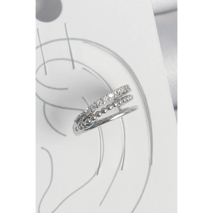 Pirinç Gümüş Renk Zirkon Taşlı 3Lü Sıralı Model Kadın Kıkırdak Küpe