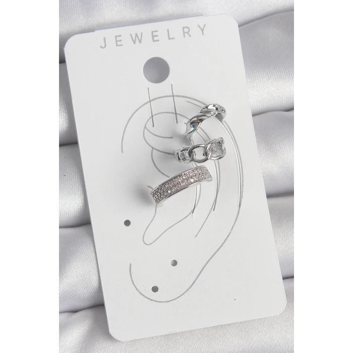 Pirinç Gümüş Renk Zirkon Taşlı 3Lü Zincir Sarmal Model Kadın Kıkırdak Küpe - TJ-BKP10565