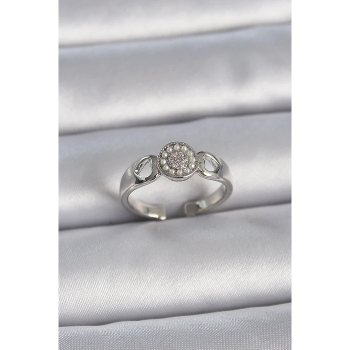 Pirinç Gümüş Renk Zirkon Taşlı İncili Kalp İşleme Detay Ayarlanabilir Model Kadın Yüzük - TJ-BYK3359