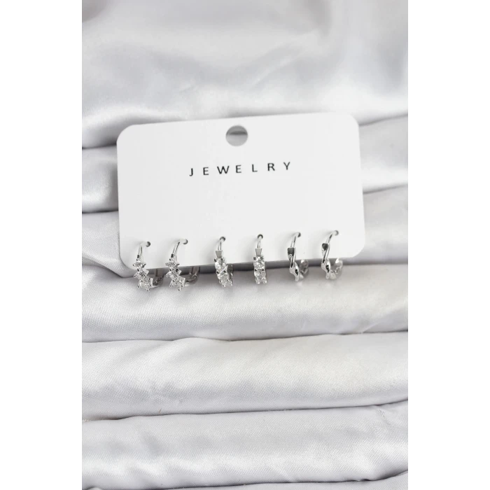 Pirinç Gümüş Renk Zirkon Taşlı Kadın Küpe Seti - TJ-BKP11478