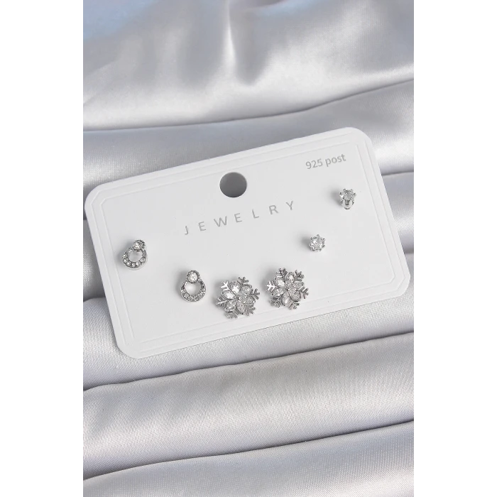 Pirinç Gümüş Renk Zirkon Taşlı Kar Tanesi Model 925 Ayar Gümüş Çivi Kadın Küpe Seti