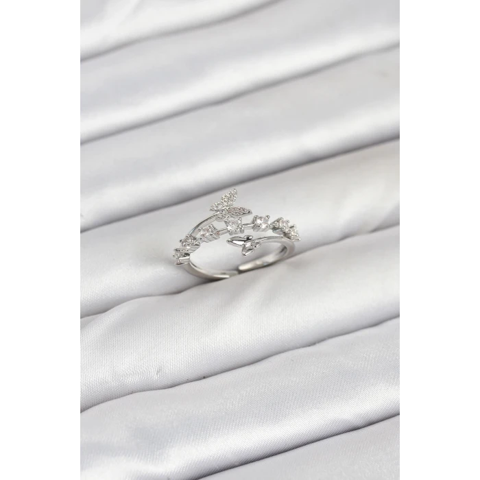 Pirinç Gümüş Renk Zirkon Taşlı Kelebek Model Kadın Yüzük - TJ-BYK3851