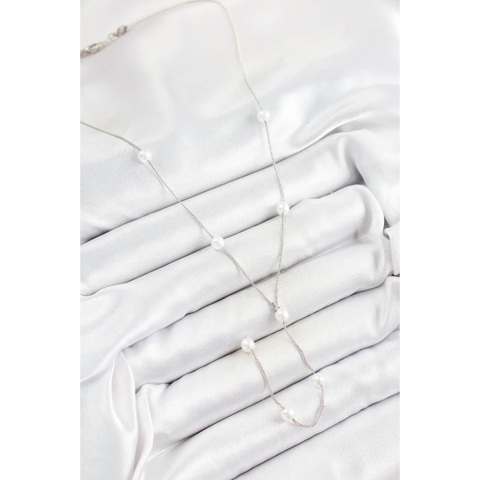 Pirinç İnci Figürlü Y Model Gümüş Renk Kadın Kolye