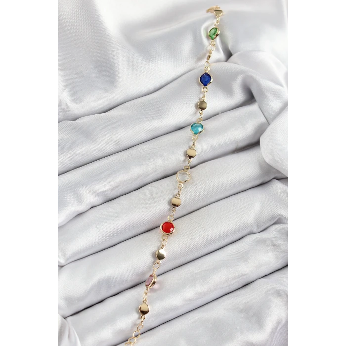 Pirinç Karışık Renk Zirkon Taşlı Gold Renk Kadın Bileklik - TJ-BB7051