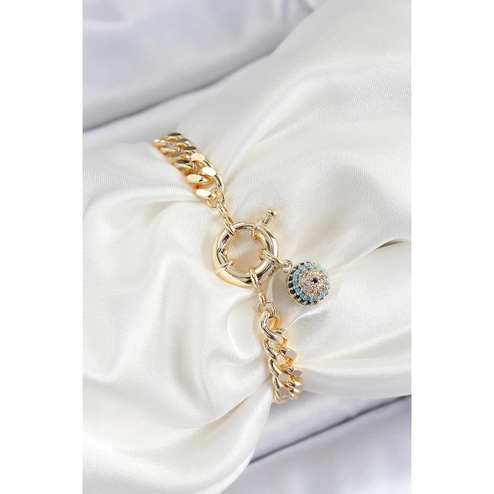 Pirinç Nazar Model Zirkon Taşlı Gold Renk VİP Seri Kadın Bileklik - TJ-BB7210