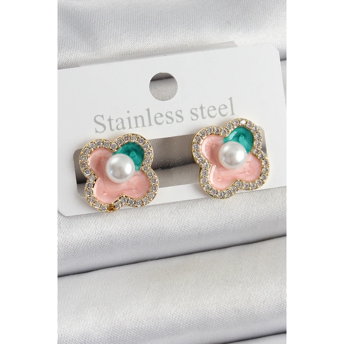 Pirinç Pembe Mineli İnci Detaylı Zirkon Taşlı Sanatsal Portre Yonca Model Gold Renk Kadın Küpe - TJ-BKP10682