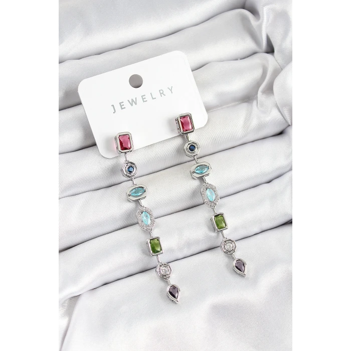 Pirinç Renkli Zirkon Taşlı Sallantılı Model Gümüş Renk Kadın Küpe