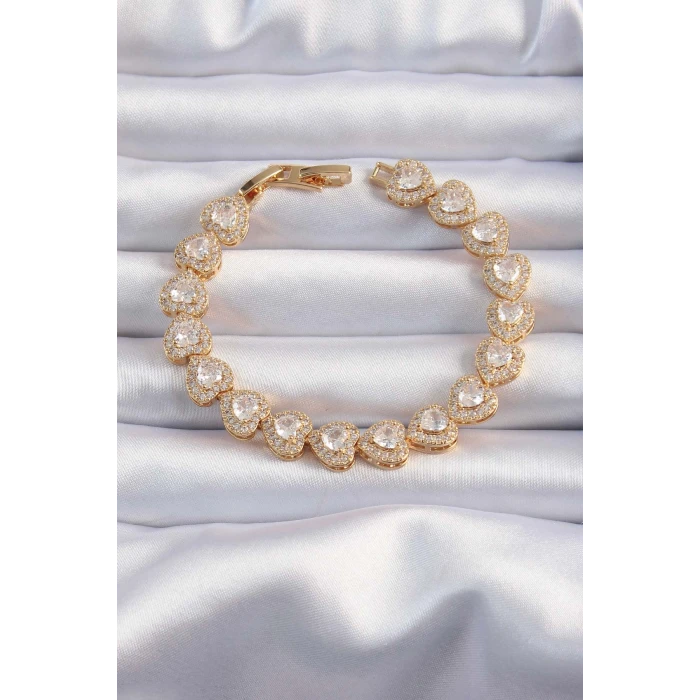 Pirinç Vip Seri Gold Renk Zirkon Taşlı Kalp Model Bileklik - TJ-BB6316