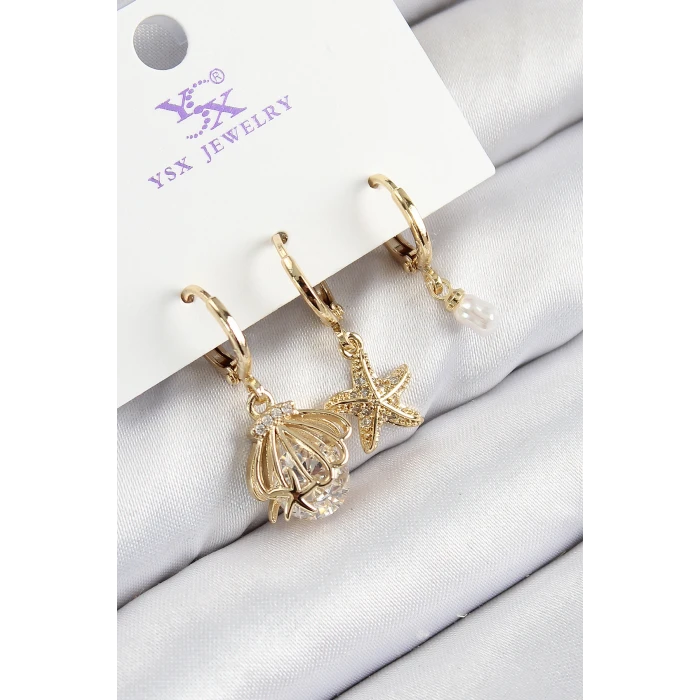 Pirinç Zirkon Taşlı 3lü İstiridye Ve Yıldız Model Gold Renk Kadın Küpe - TJ-BKP11136
