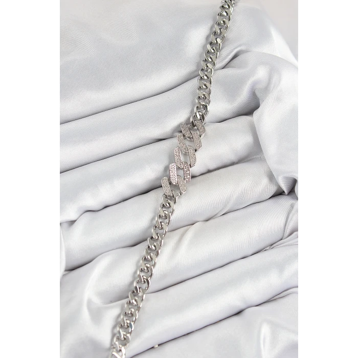 Pirinç Zirkon Taşlı Ezme Küba Zincir Model Gümüş Renk Kadın Bileklik - TJ-BB7550