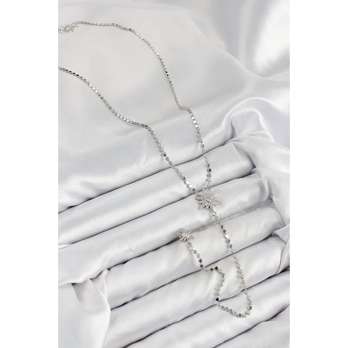 Pirinç Zirkon Taşlı Ezme Zincirli Kutup Yıldızı Model Gümüş Renk Y Kolye