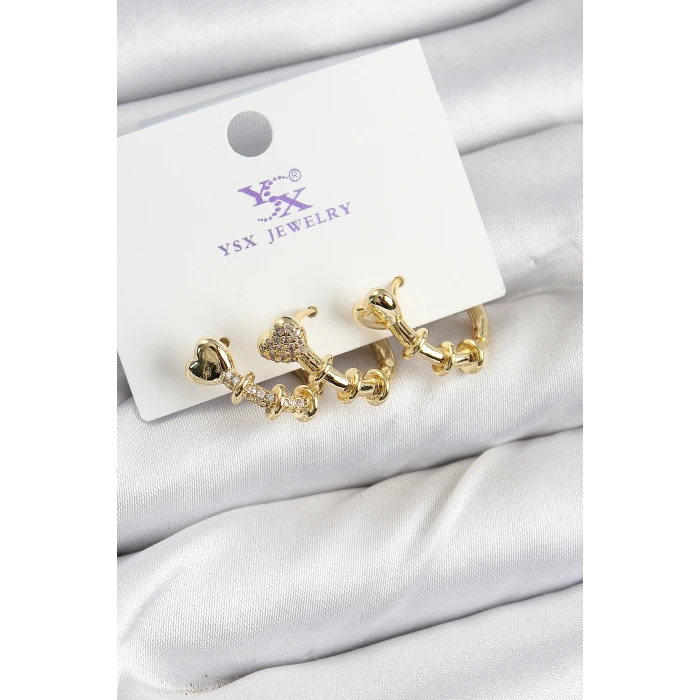 Pirinç Zİrkon Taşlı Kalp Model Gold Renk 3lü Kadın Küpe