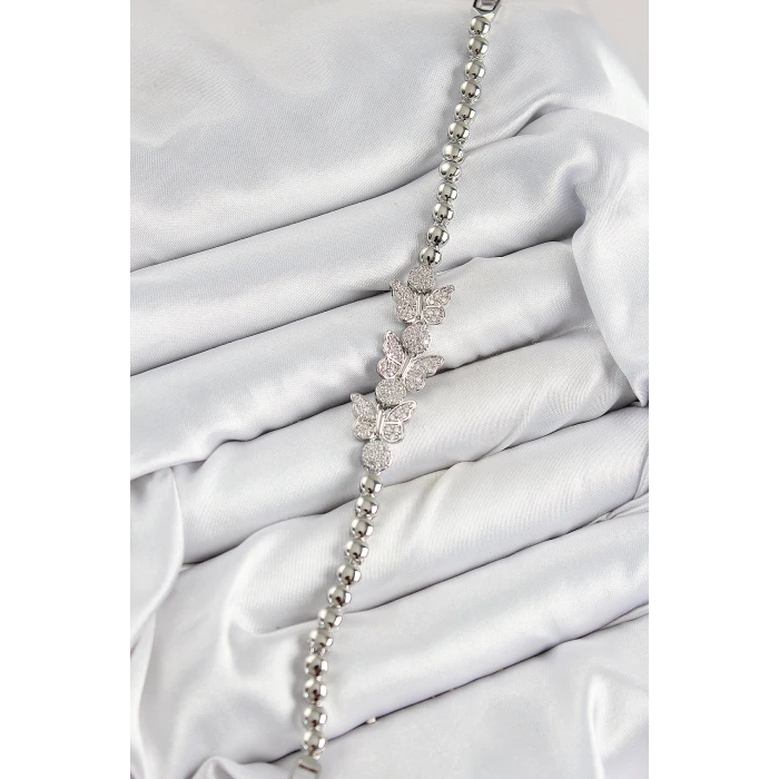 Pirinç Zirkon Taşlı Kelebek Model Gümüş Renk Kadın Bileklik - TJ-BB7542