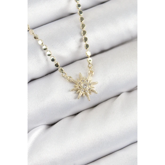 Pirinç Zirkon Taşlı Kutup Yıldızı Model Ezme Zincir Gold Renk Kadın Kolye - TJ-BKO10390