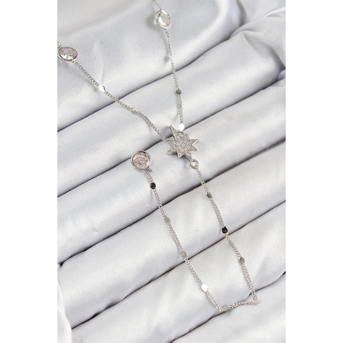 Pirinç Zirkon Taşlı Kutup Yıldızı Model Gümüş Renk Y Kolye - TJ-BKO10453