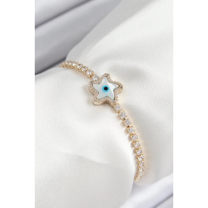 Pirinç Zirkon Taşlı Nazar Yıldız Model Gold Renk Asansörlü Kadın Bileklik - TJ-BB7470