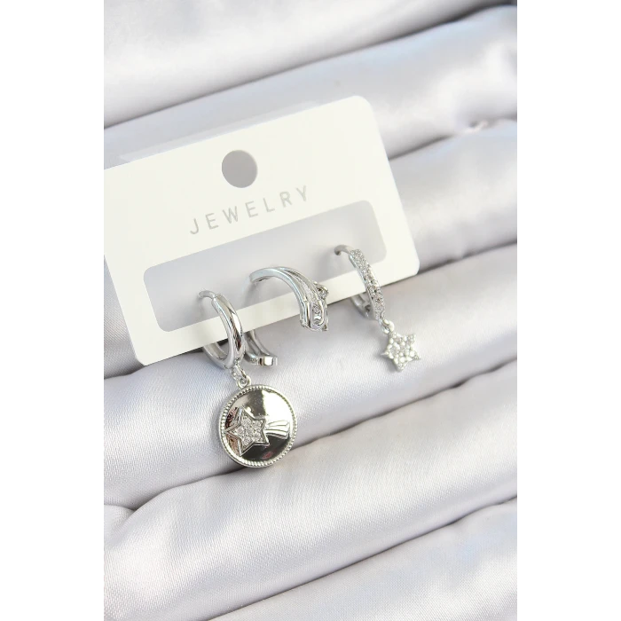 Pirinç Zirkon Taşlı Sallantılı Yıldız Model Gümüş Renk 3lü Çift Kadın Küpe Set