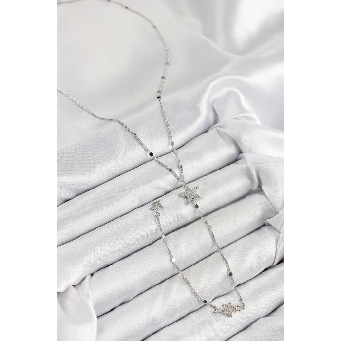 Pirinç Zirkon Taşlı Yıldız Model Gümüş Renk Y Kolye