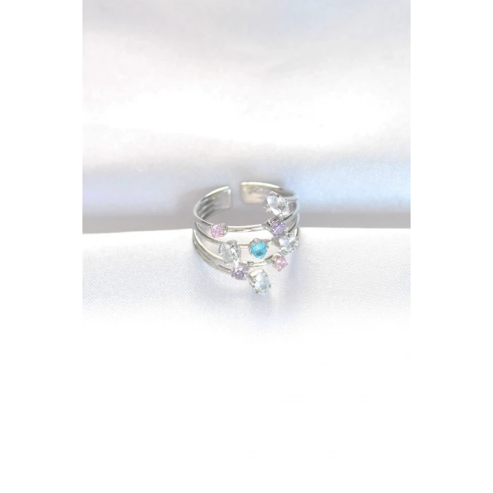 Renkli Zirkon Taşlı Silver Renk Ayarlanabilir Yüzük - TJ-BYK3127