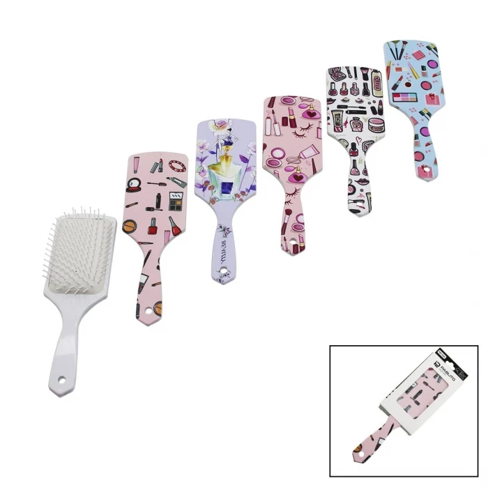 SAÇ FIRÇASI - TARAK  PLASTİK RENKLİ DESENLİ SAP - BEYAZ FIRÇA KILLARI (K95)