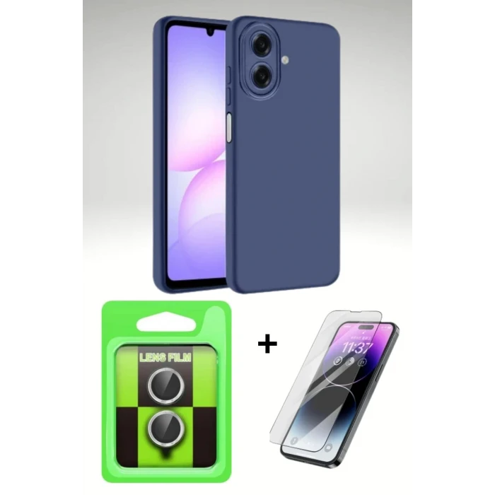 Samsung Galaxy A07 4G 3’lü Koruma Seti | Kadife Silikon Kılıf + Cam Ekran + Metal Kamera Lens