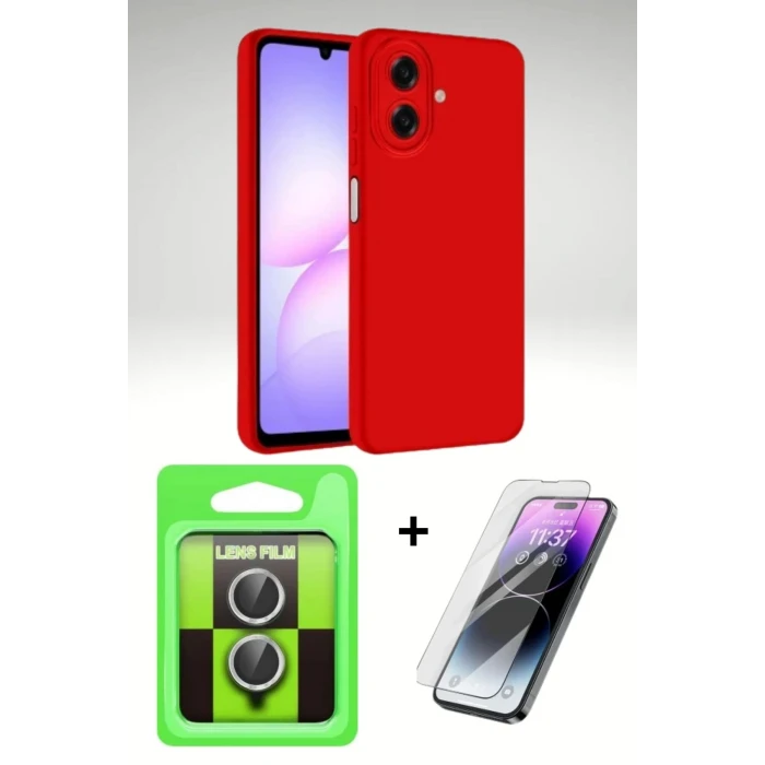 Samsung Galaxy A07 4G 3’lü Koruma Seti | Kadife Silikon Kılıf + Cam Ekran + Metal Kamera Lens