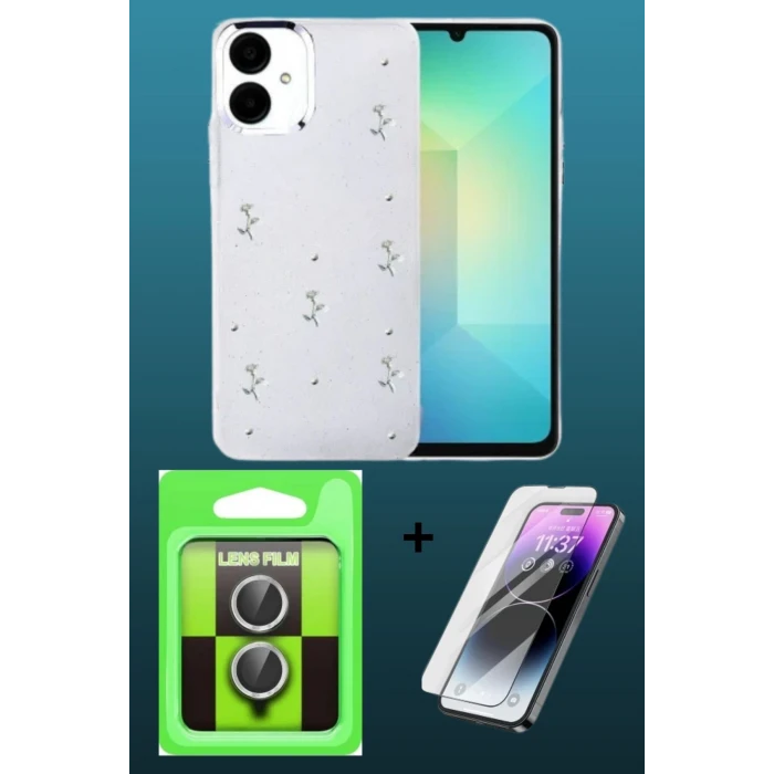 Samsung Galaxy A07 4G Fiyonk Desenli 3’lü Koruma Seti | Kapak + Cam Ekran + Metal Kamera Lens