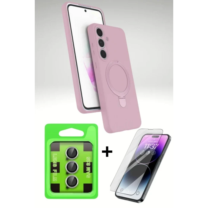 Samsung Galaxy S24 FE Standlı MagSafe 3’lü Koruma Seti | Regal Kapak + Cam Ekran + Metal Kamera Lens