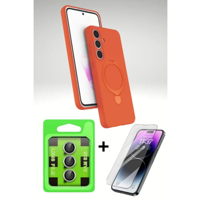 Samsung Galaxy S24 FE Standlı MagSafe 3’lü Koruma Seti | Regal Kapak + Cam Ekran + Metal Kamera Lens