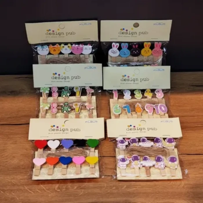 Şekilli Renkli Ahşap Mandal Seti (10lu Paket)