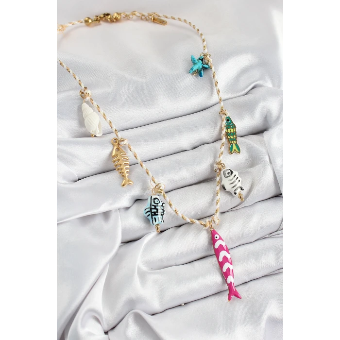 ietaks™ Seramik Motifli Pembe Balık Figürlü Model Krem İp Kadın Kolye