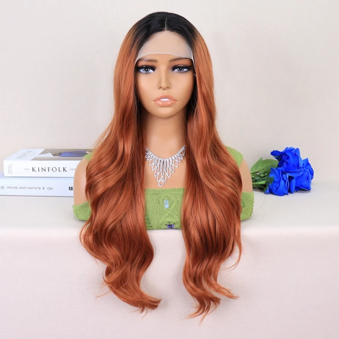 Siyah / Açık Bakır Ombreli Dalgalı Uzun Boy Tül Peruk