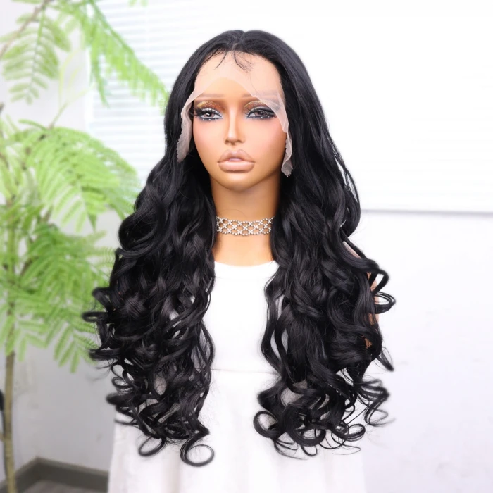 Siyah Bebek Saçlı Fiber Sentetik Dalgalı Tül Peruk